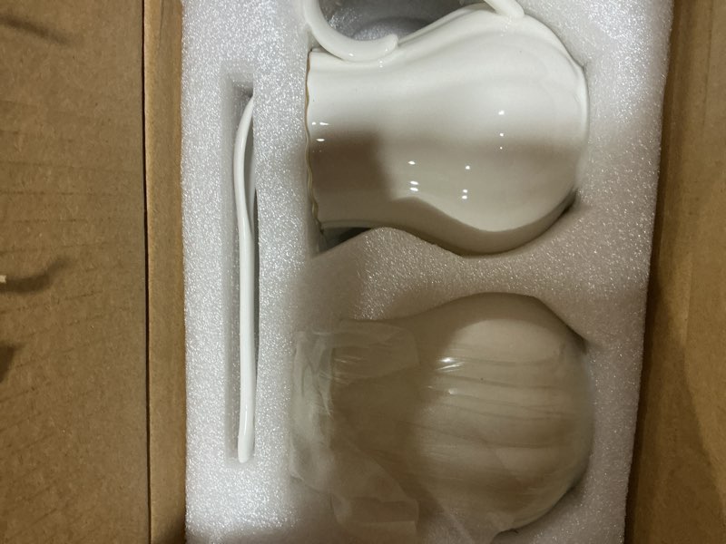 Condition photo showing Good Condition for Ceramic Sugar and Creamer Set, 3 Piece with Cream Pitcher, Sugar Bowl with Lid and Spoon,Coffee and Tea Serving Set (White with gold line)