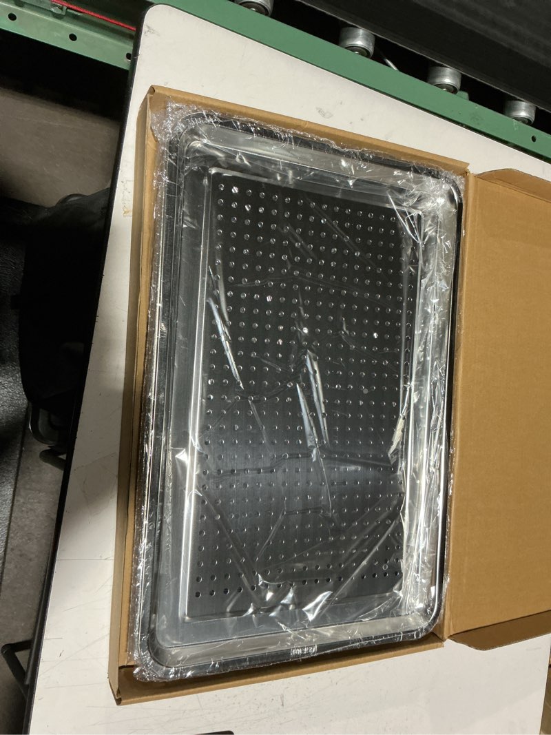 Condition photo showing New/Like New for extra large 23.5"x15.5" heavy duty commercial grade 304 stainless steel baking sheet set - 2pcs cookie sheets,uncoated & non-toxic, solid & perforated pans for roasting,draining,and food prep