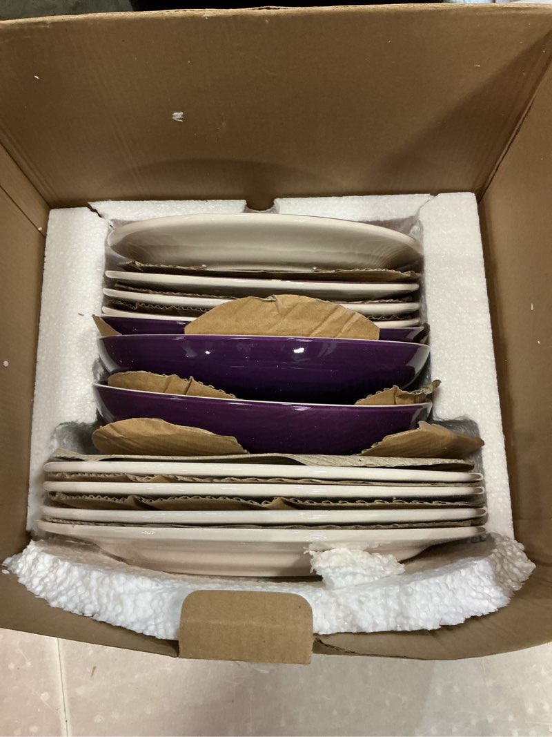 Condition photo showing As Is for bico purple poppy ceramic 12 pcs dinnerware set, service for 4, inclusive of 11 inch dinner plates, 8.75 inch salad plates and 35oz dinner bowls, for party, microwave & dishwasher safe