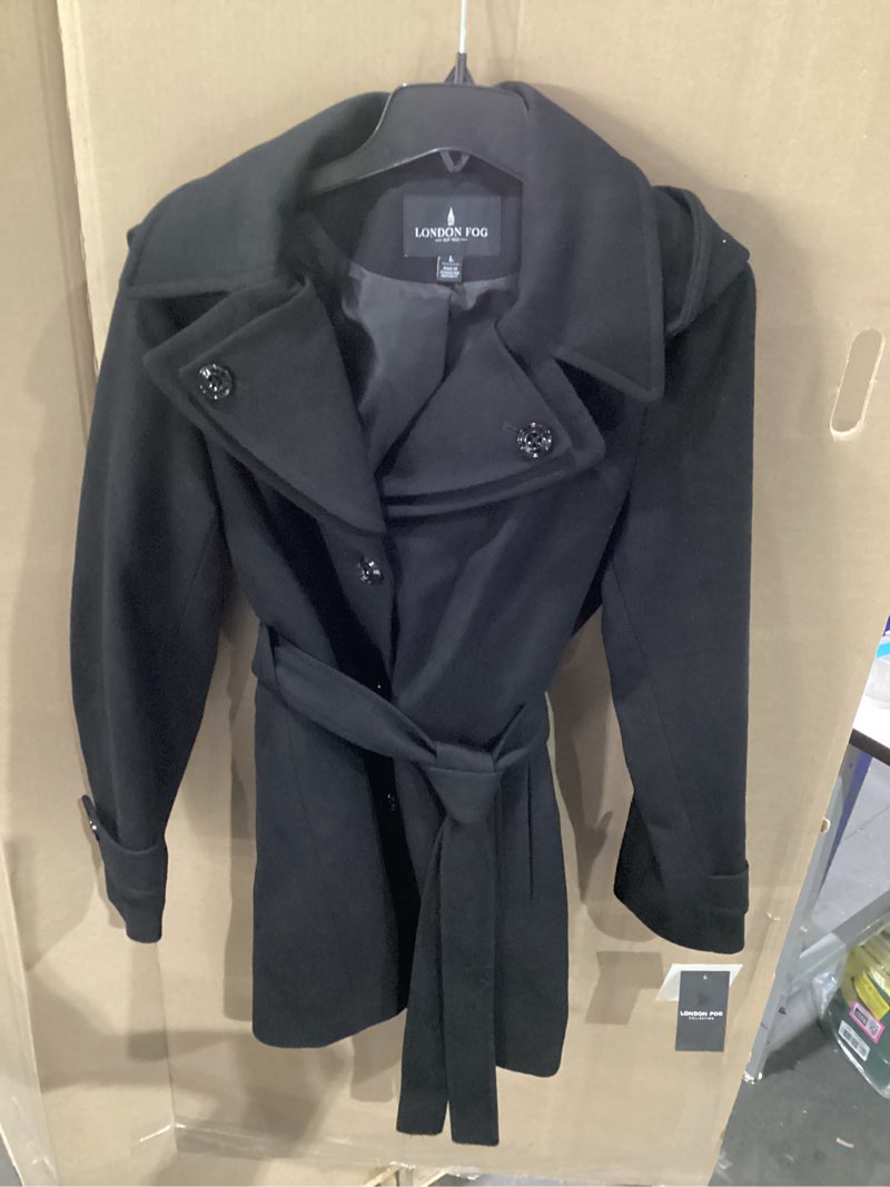 LONDON FOG womens Double Lapel Thigh Length Button Front With Belt Wool Coat, Black, Large US