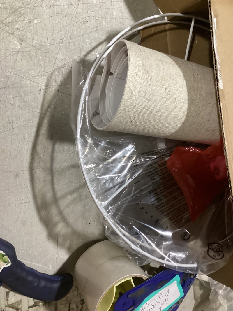 Condition photo showing Good Condition for only one… beige lamp shades set of 2, large linen drum lampshades, 13\" top x 13\" bottom x 10\" high lamp shade, replacement lampshades for table and floor lamps, pendant light, handcrafted, easy assembly