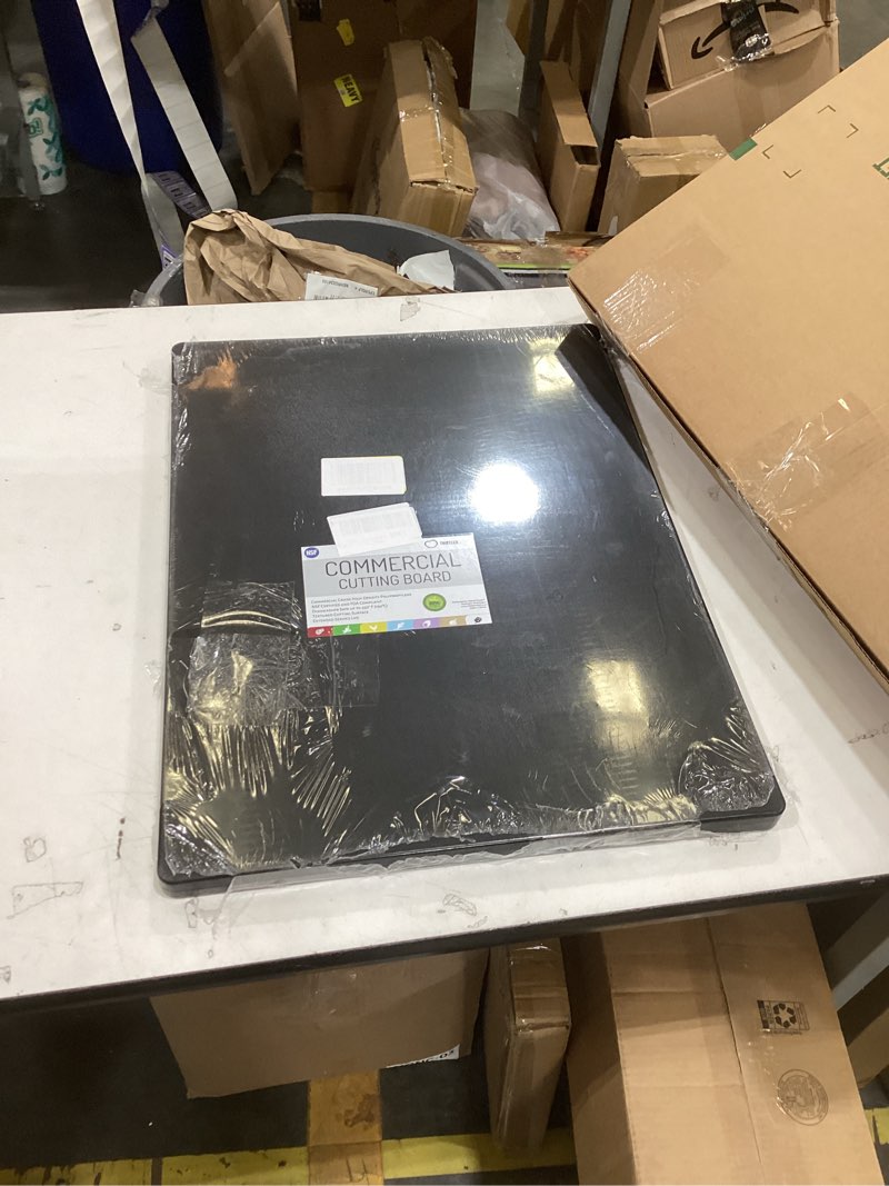 Condition photo showing New/Like New for thick black cutting board 24x18 extra large 1" hdpp plastic for restaurants and professional kitchens, nsf stamped - 13 lb 24"l x 18"w black
