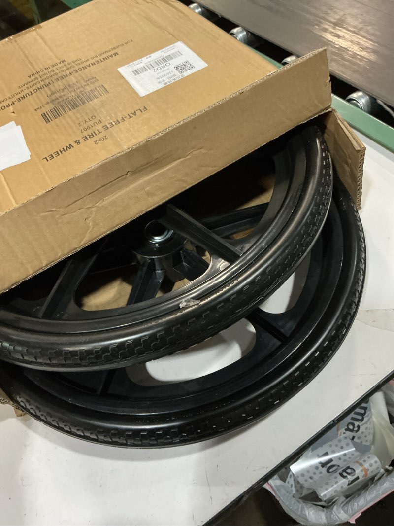 Condition photo showing Good Condition for 2 pcs 20" flat free tires polyurethane non-inflated tires wheels, 20x2 inch tire, 2.44" centered hub for wheelbarrow, garden carts, garden trailers, roofing equipment