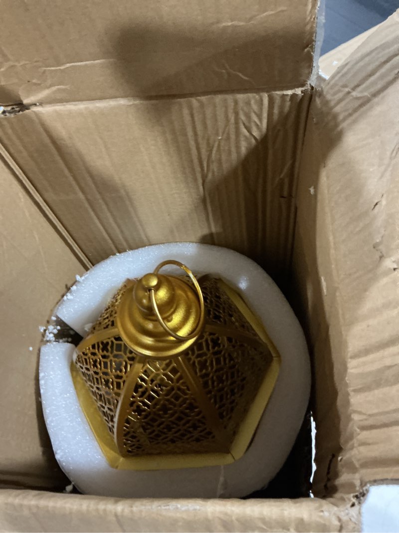 Condition photo showing Good Condition for JHY DESIGN Set of 2 Outdoor Candle Lanterns 22"&17" H Decorative Vintage Metal Candle Holders for Garden Porch Indoor Outdoor Parties Weddings Patio Home Decor(Gold)