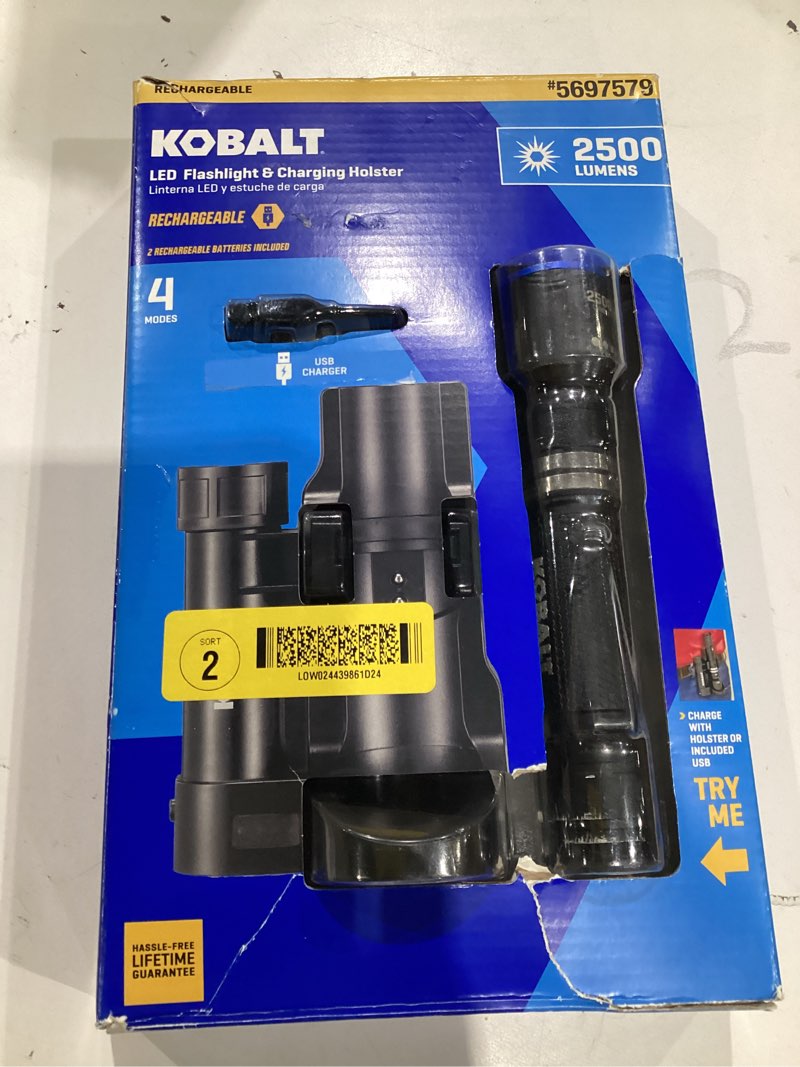 Condition photo showing As Is for kobalt 2500-lumen 4 modes led flashlight with rechargeable with batteries included