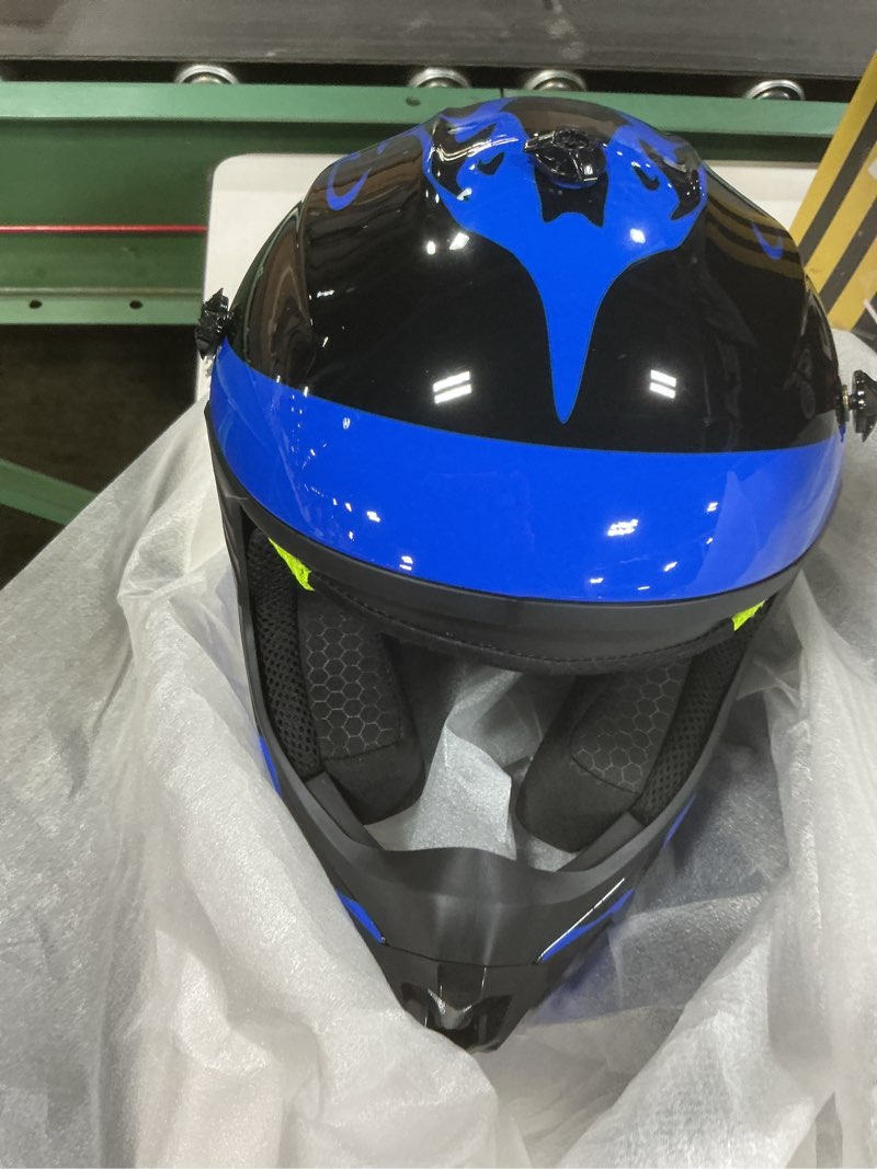 Condition photo showing As Is for (incomplete missing visor)  youth kids dirt bike helmet for boys & girls,f001 full face motorcycle helmet for off-road atv street riding four wheeler mountain bike with goggles gloves,dot approved glassy blue flame small