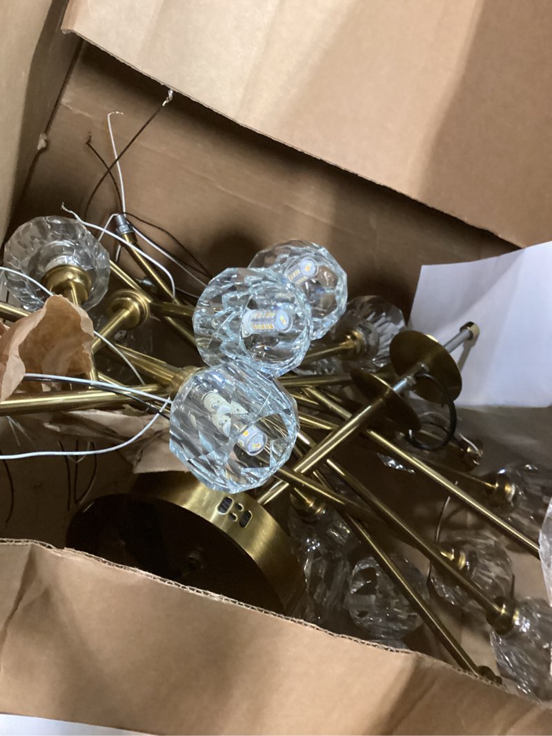 Condition photo showing As Is for Mid Century Modern Gold Sputnik Chandeliers for Dining Room Light Fixture, 15-Light Crystal Chandelier for Living Room Kitchen Island Bedroom, Dia 39.4" D39.4"