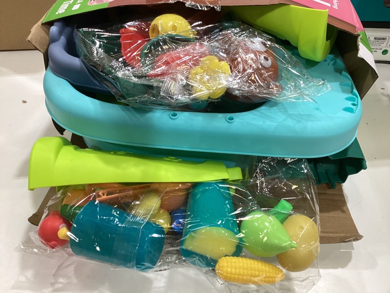 Condition photo showing As Is for pupu pig water table play sink toys for toddlers, kids play kitchen sink with running water, 360° electric faucet, floating fishing game, sensory water table toys for boys girls summer gifts toddler water table - blue