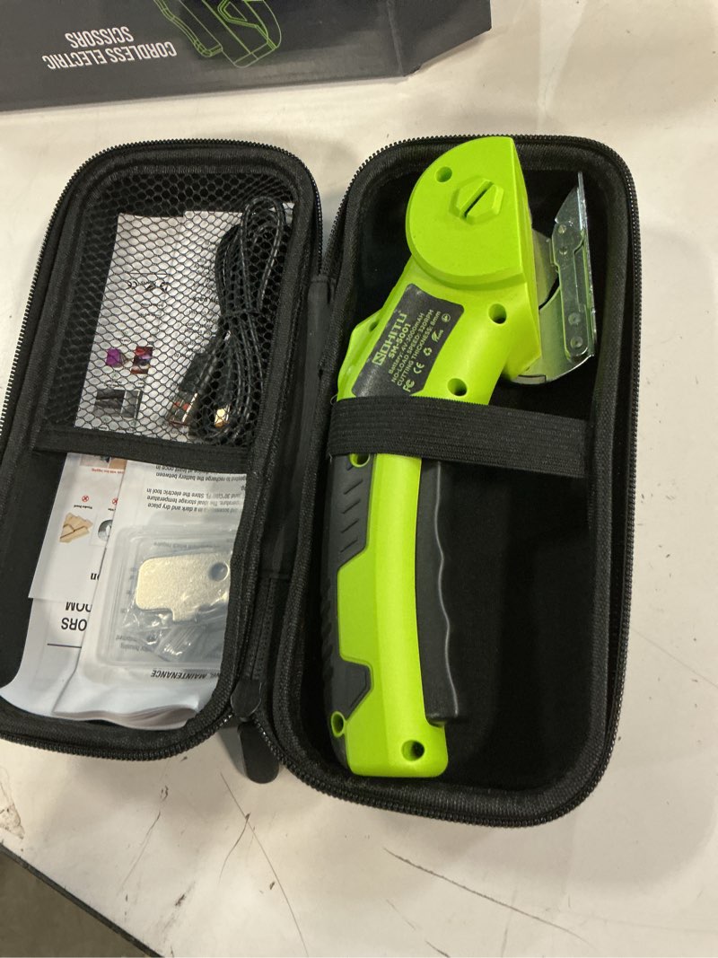 Condition photo showing Good Condition for cordless electric scissors: 4v rechargeable rotary cardboard cutter, 3000mah battery, with led light & safety lock, 2 blades, electric box cutter for fabric carpet carton plastic leather cloth