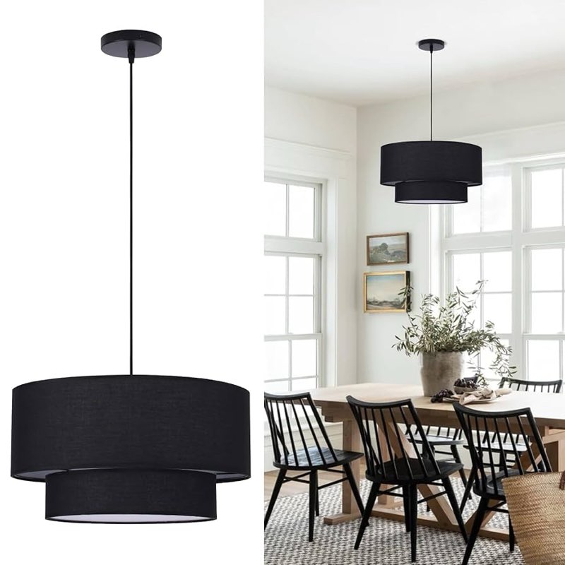 buovikalo black drum pendant light fixtures, 18” double drum chandelier with fabric lampshade e26 ba