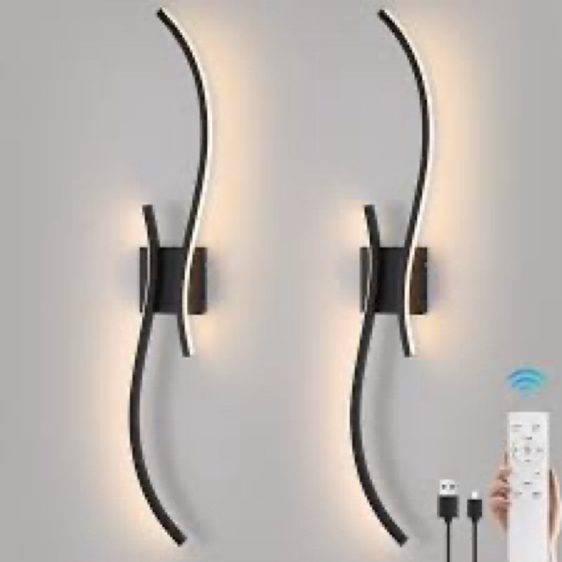 Battery Operated Wall Sconce Set of 2, Modern Wireless Sconces with Remote, Black Rechargeable Wall 
