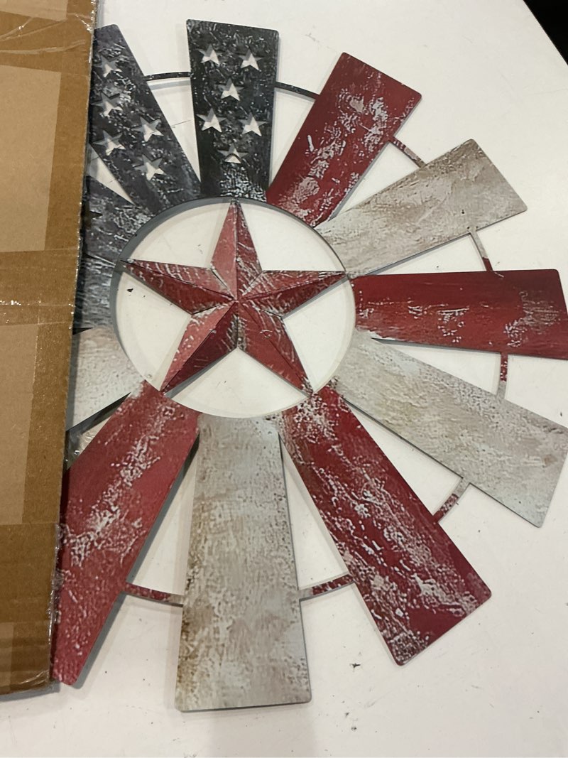 Condition photo showing Good Condition for lineshading 21" metal patriotic decorations rustic farmhouse wall art decor windmill outdoor 250th anniversary stars red blue white 4th of july independence day for home garden lawn porch
