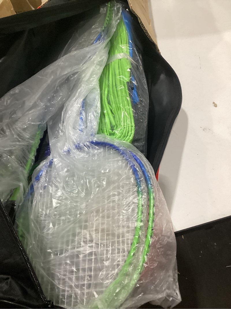 Condition photo showing Good Condition for zdgao badminton sets for backyard, portable badminton net with tension adjuster, badminton racket set of 4, 3 nylon shuttlecocks, boundary line and carry bag for backyard beach family games blue&green