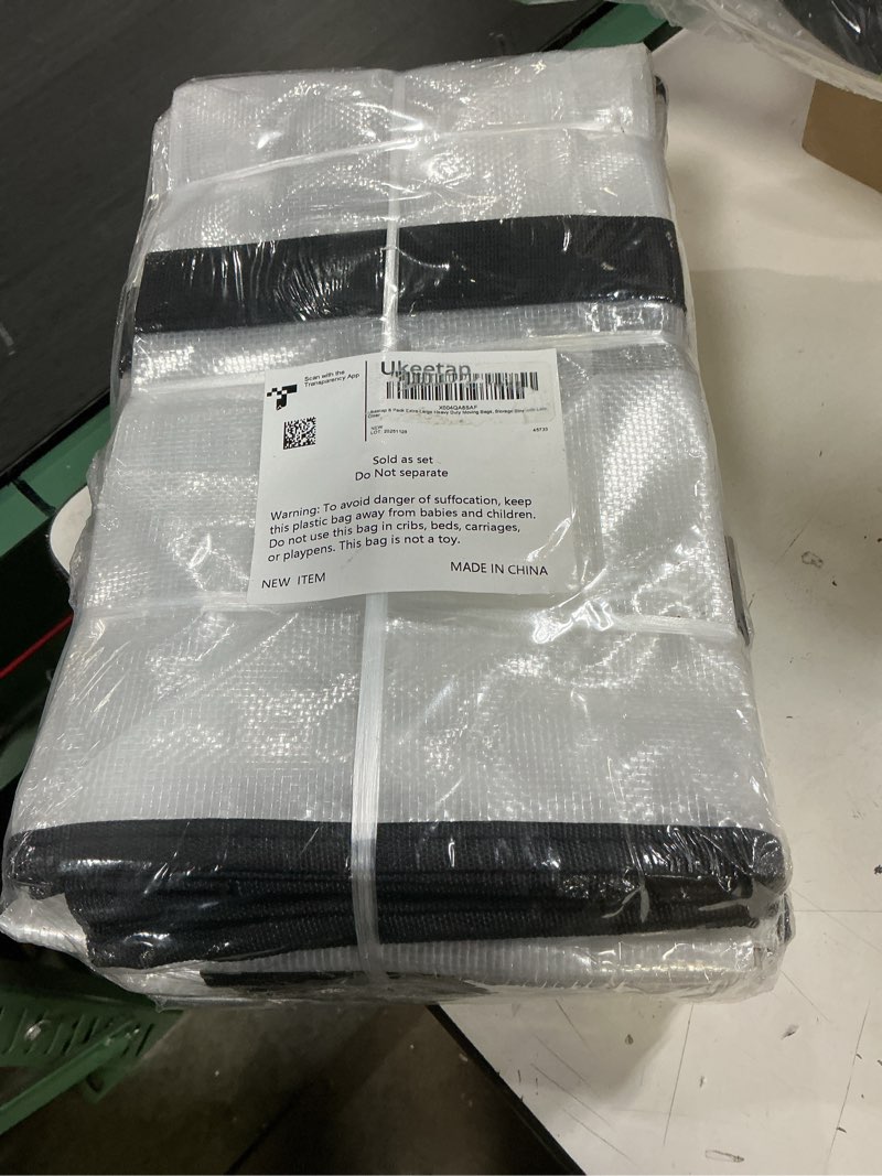 Condition photo showing New/Like New for 8 pack extra large heavy duty moving bags, clear storage bins with lids, reinforced handles & heavy-duty zippers moving boxes storage bags totes for clothes packing, dorms, college supplies, clear