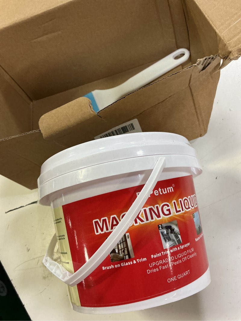 Condition photo showing New/Like New for masking liquid tape, transparent peelable coating for protect windows glass, used for priming windows, floors and non-porous surfaces painting, 1 quart (with paint brush)