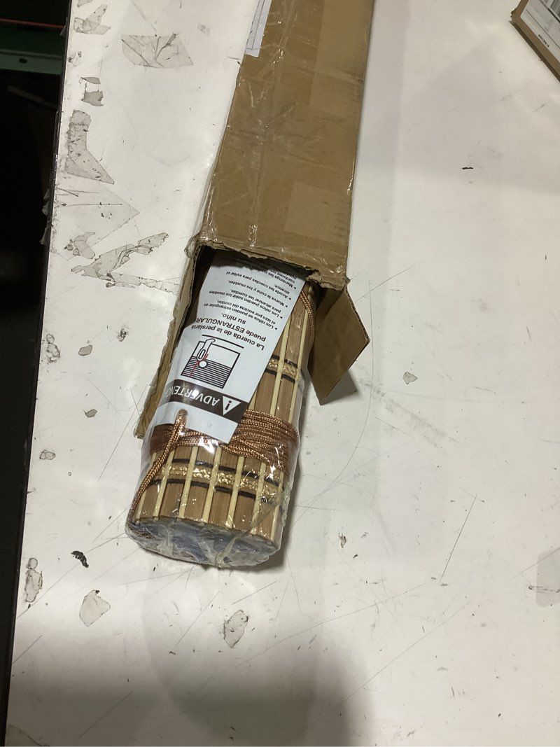 Condition photo showing New/Like New for bamboo blinds for interior windows, easy to install bamboo shades for indoor windows, custom roller shades for indoor window and outdoor patio, 23" w x 48" h bamboo carbonized broad 23"w x 48"h