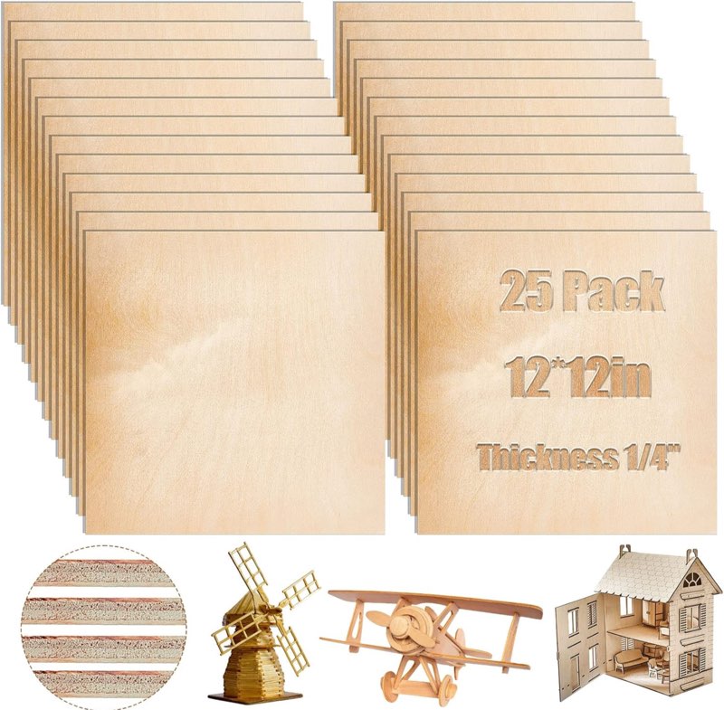 Juexica 25 Pcs Birch Plywood Sheets 1/4 Inch Unfinished Wood Boards for Craft DIY Projects 