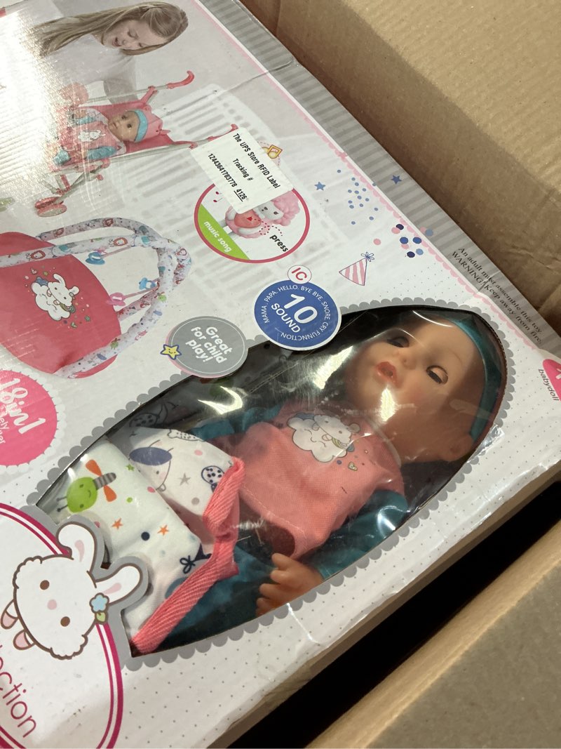 Condition photo showing Good Condition for liberty imports kids 18-piece newborn talking baby doll stroller nursery role play set w/ playpen, play mat, potty training, accessories (14" doll included)