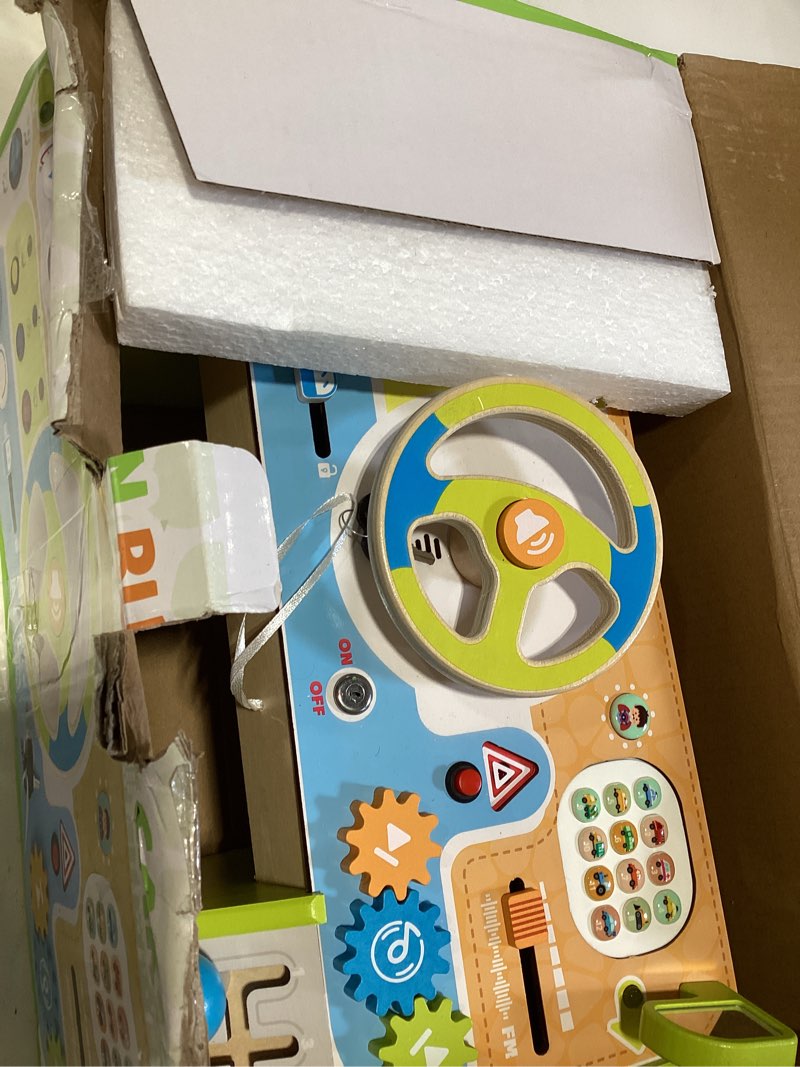 montessori car busy board for toddlers, wooden sensory steering wheel activity baby toy with lights, buttons, gears & key start, kids interactive educational toys for boys girls