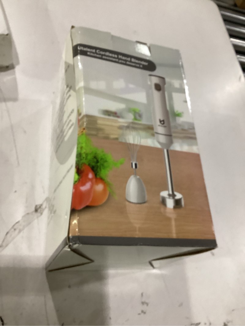 Condition photo showing New/Like New for cordless hand blender, utalent variable speed immersion blender handheld rechargeable, with usb-c charging cable, egg whisk, for smoothies, milkshakes, hummus and soups – white