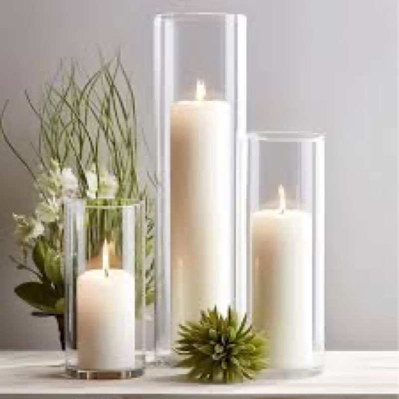 sandraheer 12-pack white pillar candles with clear hurricane glass vases - 3-size set for wedding ta