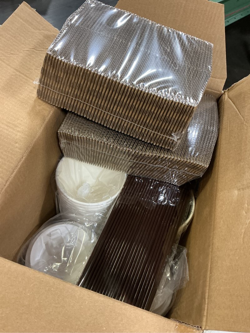 Condition photo showing New/Like New for [100 pack] 12 oz paper coffee cups, disposable paper coffee cup with lids, sleeves, and stirrers, hot/cold beverage drinking cup for water, juice or tea, suitable for home, shops and cafes 12oz 100pack