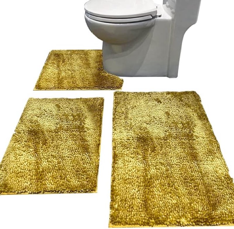 Madeals Chenille Bath Rug Set 3 Piece Bathroom Contour Rugs Combo, Soft Shaggy 2 Piece Bath Shower Mat and U-Shaped Toilet Floor Rug Golden