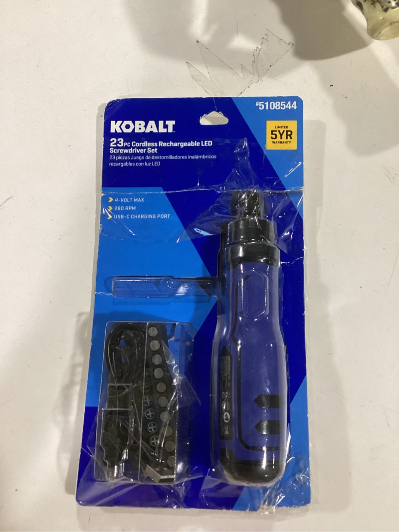Condition photo showing New/Like New for **incomplete**(missing 2 bits)kobalt kobalt 4-volt max 1/4-in cordless screwdriver