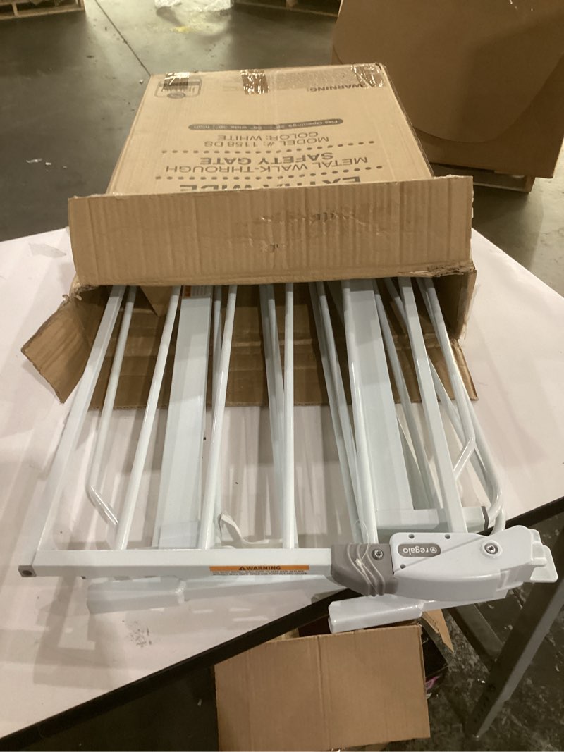 Condition photo showing As Is for regalo safety baby gate 56 inch extra wide for doorways & bottom of stairs, pressure mount design for babies, toddlers & pets, tested & safe for 30 years, american designed, american owned, white white 29-56"w x 30"h