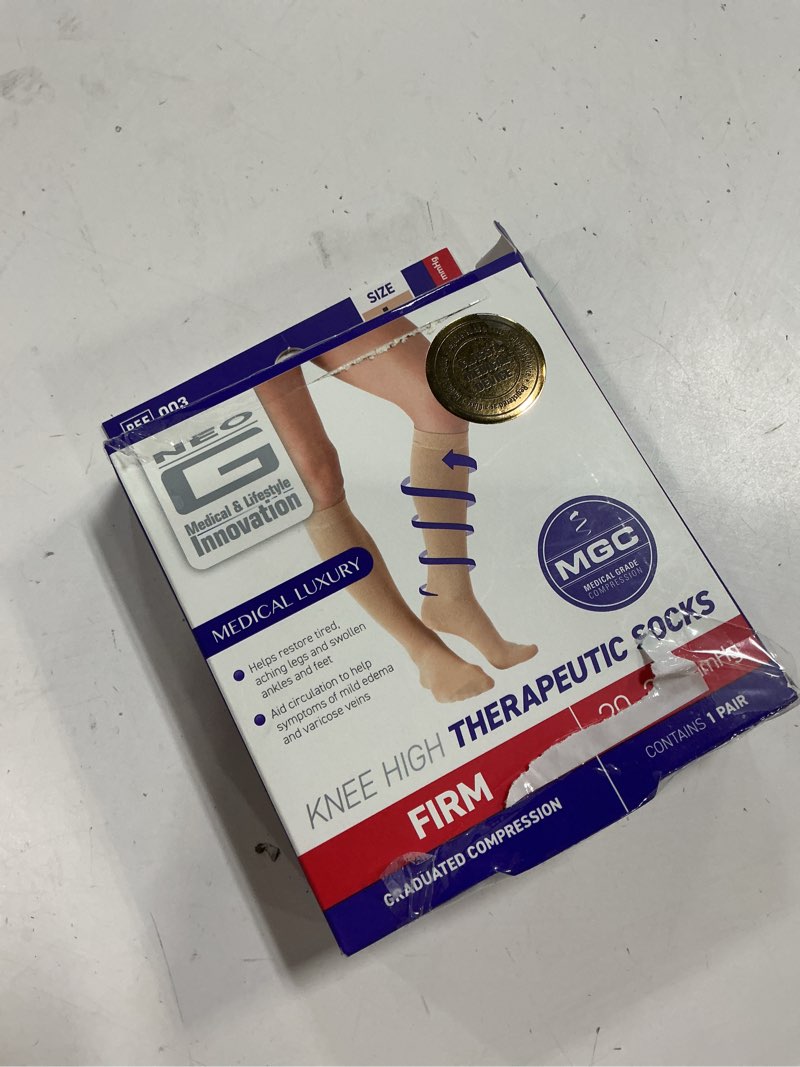 Condition photo showing New/Like New for neo g compression 20-30 mmhg knee highs therapeutic sock beige, l