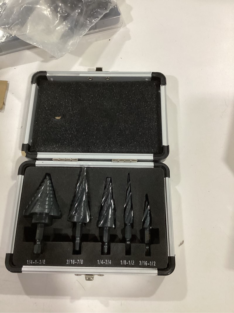 Condition photo showing New/Like New for ZELCAN Step Drill Bit Set, 5PCS Four Spiral Flute Step Bits for Metal, 50 Sizes Titanium-Coated HSS Drill Bits with 1/4" Hex Shank for Stainless Steel Aluminum Wood Plastic New 5PCS Set HSS