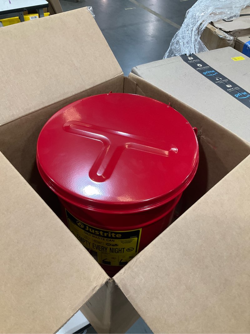 Condition photo showing Good Condition for justrite 6 gallon galvanized steel oily waste can, 16" x 12" metal oil rag safety can with foot operated self-closing lid for oil rag disposal, made in the usa, red, 09100 red 6 gallon foot-operated lid