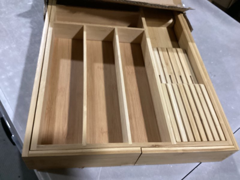 Condition photo showing Good Condition for Bamboo-Silverware-Drawer-Organizer-Kitchen, Expandable Utensil Holder Cutlery Tray Flatware Organization Adjustable Wood Tableware Dividers Storage (with Removable Knife Block)(Natural) Natural Large