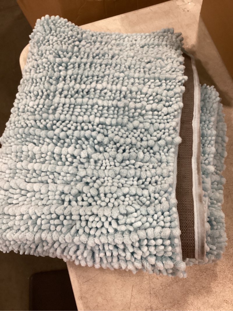 Condition photo showing As Is for smiry bathroom rugs 35x57 , extra soft rubber backing chenille bath mats | sky blue machine washable non slip quick dry bath mats for bathroom floor, tub, shower, home decor accessories sky blue rectangular 30'' x 20''