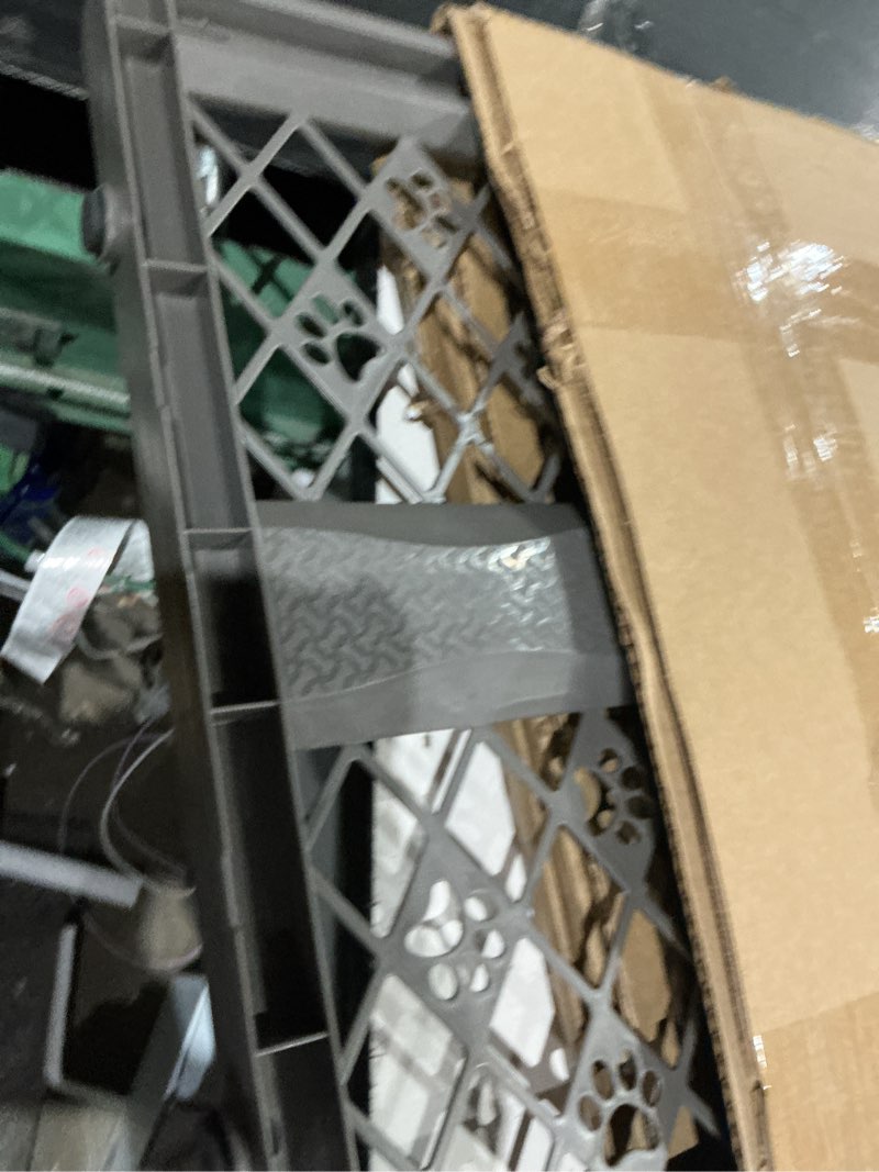Condition photo showing As Is for mypet north states paws portable pet gate: 26-40" wide. pressure mount. no tools needed. made in usa, 23" tall, expandable, durable dog gates for doorways, fieldstone gray