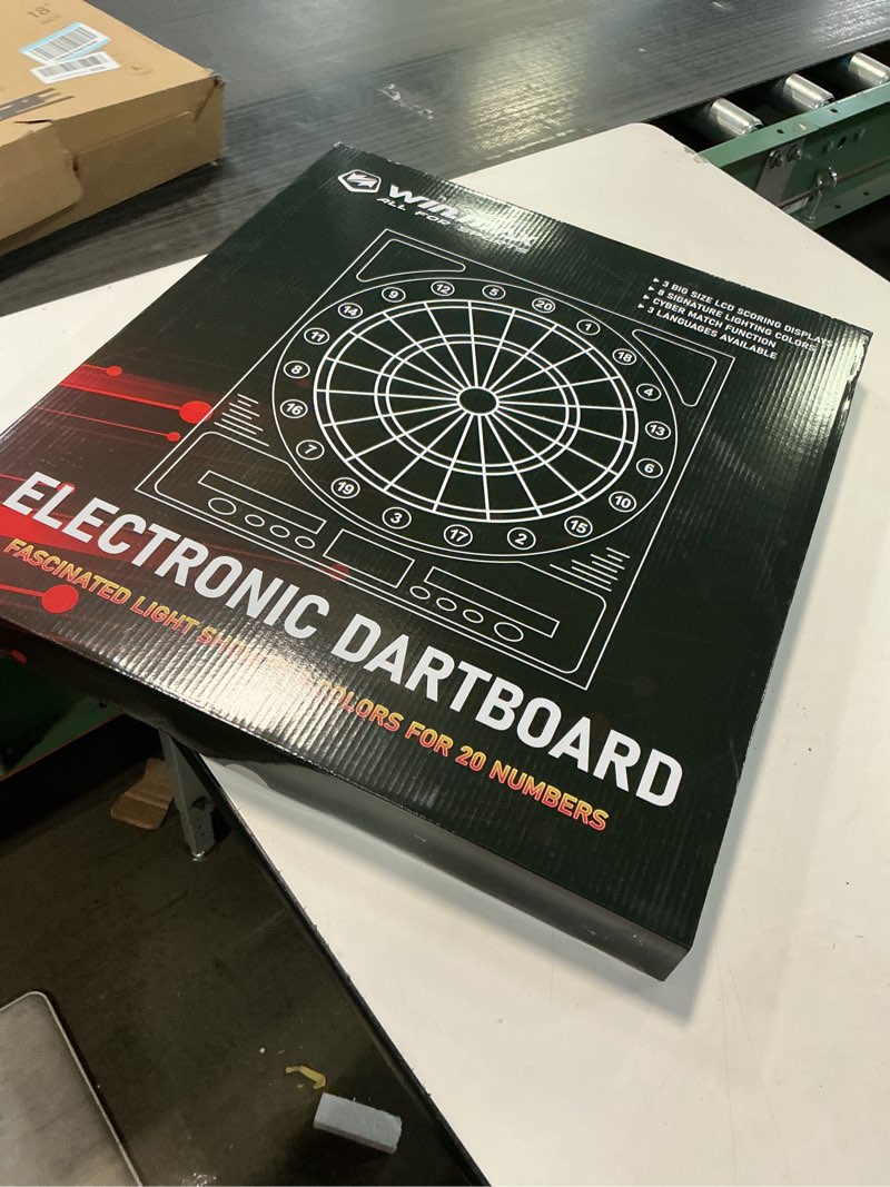 Condition photo showing New/Like New for WIN.MAX Electronic Dartboard with LED Auto-Scoring, 12 Darts & 100 Soft Tips, 8-Player Mode, Power Adapter, Dart Board Electronic for Indoor/Outdoor Use dartboard with light