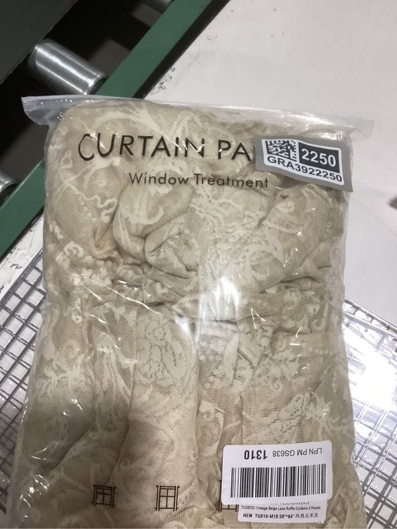 Condition photo showing Good Condition for tudeco beige lace curtains 84 inches long - vintage ruffle sheer curtains for living room, farmhouse flowy flower rod pocket fluffy aesthetic art decor 1 pair, 59 x 84 inch, natural beige 59"w x 84"l (pack of 2) beige