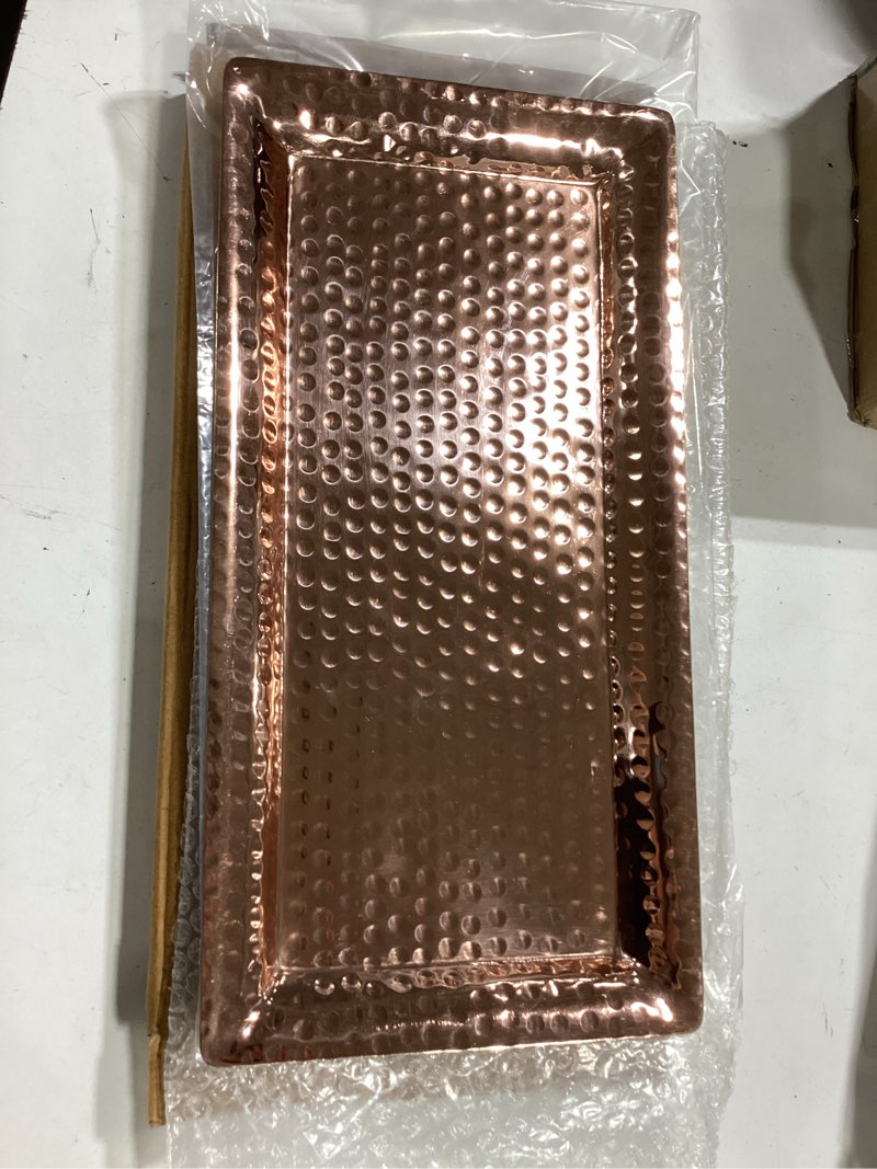Condition photo showing Good Condition for monarch abode decorative tray – 16-inch hand hammered copper plated metal bathroom tray countertop, vanity trays organizer, perfume plate for dresser, kitchen countertop large fruit platter copper plated 16" x 8" x 2"