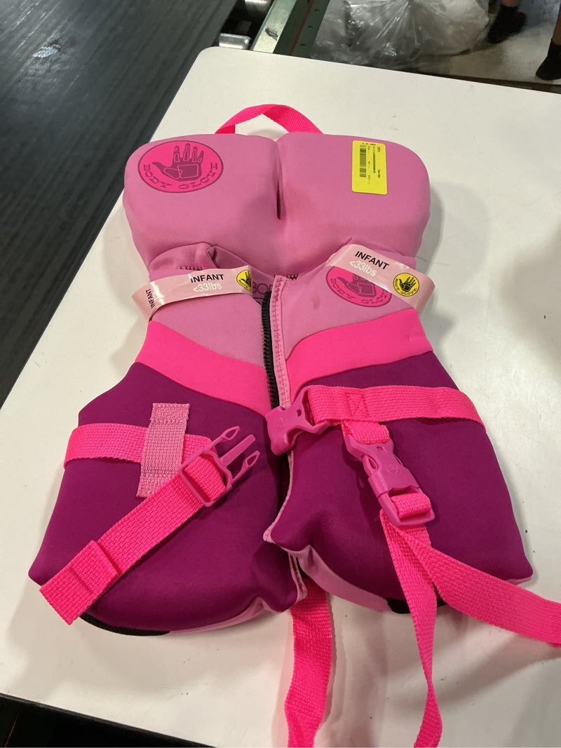 Condition photo showing As Is for body glove infant's neoprene pfd life jacket and vest, girl, 20-30 lbs., pink