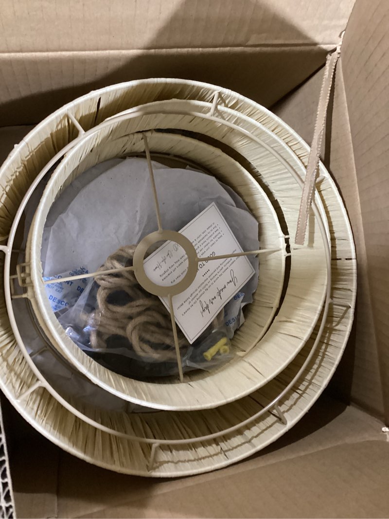 Condition photo showing Good Condition for CHI AN HOME 12” Raffia Hanging Lamp Wicker Plug In Pendant Light, Boho Woven Lamp Shade Lighting for Living Room Bedroom Kitchen Island, Hanging Light Modern Farmhouse Decor 2-tier (No BULB Included)