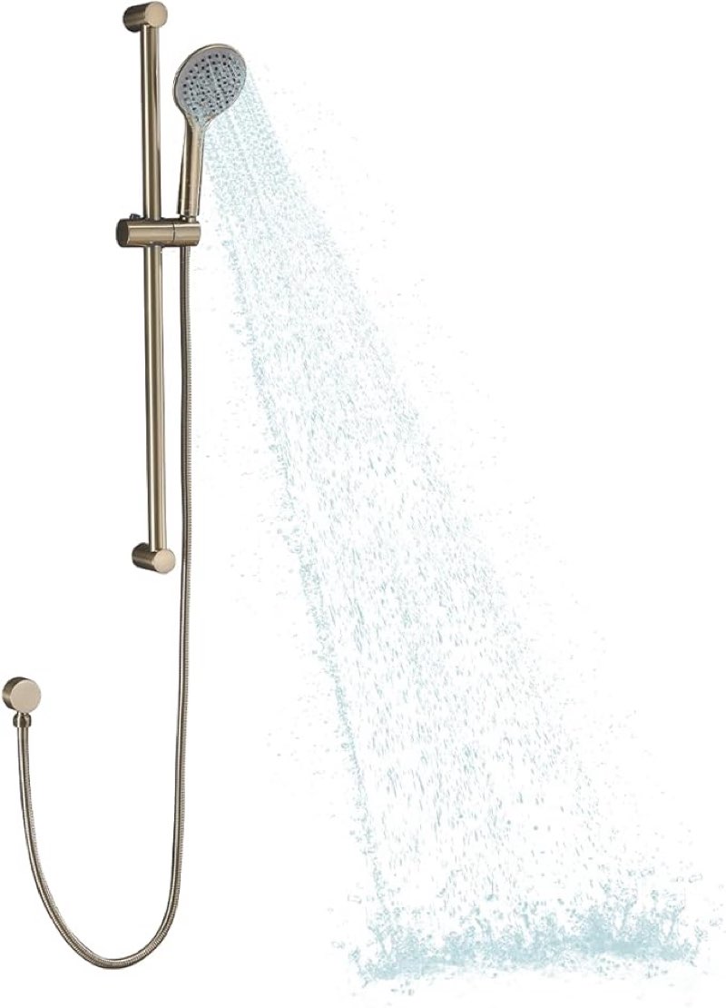 Handheld Shower Head with Adjustable 30-Inch Shower Slide Bar and 59-Inch Hose, 5-Function 3.2GPM High Pressure Handheld Shower Head with Drop Ell and Holder, Brushed Gold