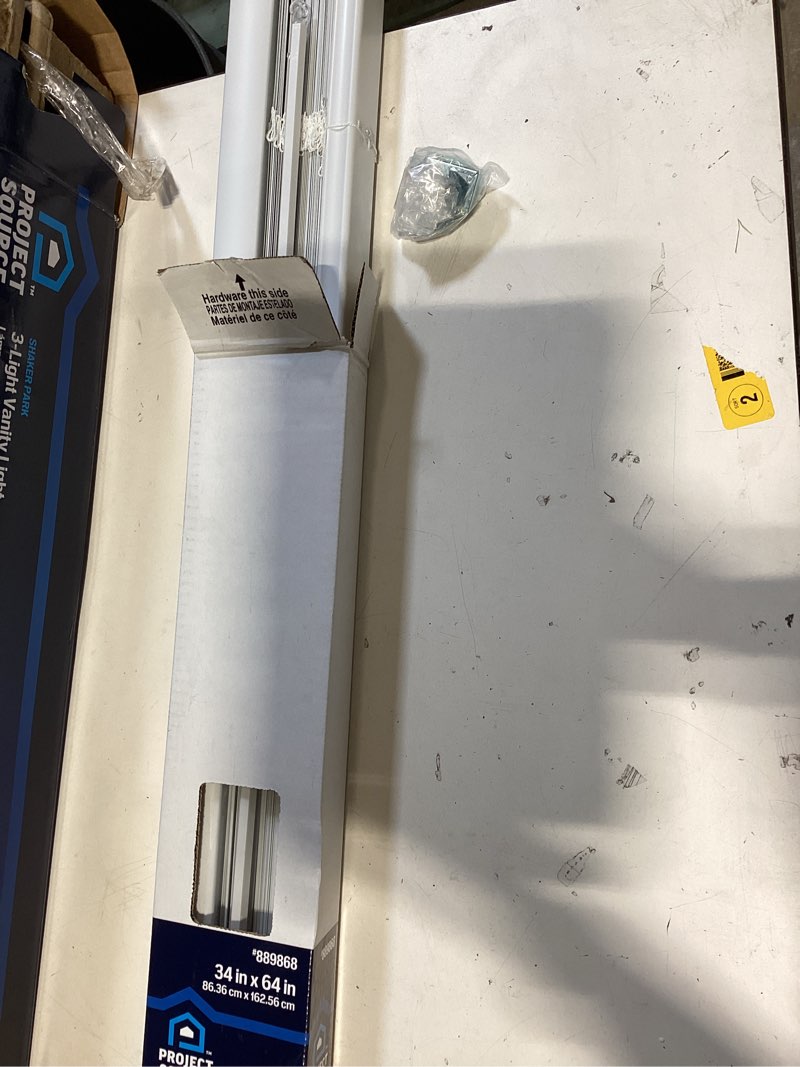 Condition photo showing As Is for project source light filtering 1-in slat width 34-in x 64-in cordless white vinyl light filtering mini-blinds