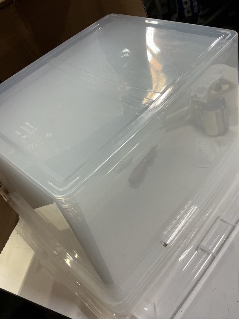 Condition photo showing As Is for IRIS USA 4-Pack Storage Bins with Lids, 15 Quart, Shoe Boxes Clear Stackable Containers Organize Shoes Closet Shelves, Classroom Organization Teacher Tools, Game Storage - BPA-Free Plastic 15 Qt. - 4 Pack