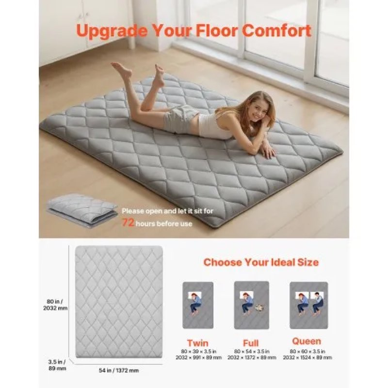 vevor japanese tatami mat, full size foldable japanese tatami mattress, futon mattress with storage bag & fastener, 9-layer floor mat for sleeping, dormitory, meditation, yoga, 80 x 54 x 3.5 in, gray