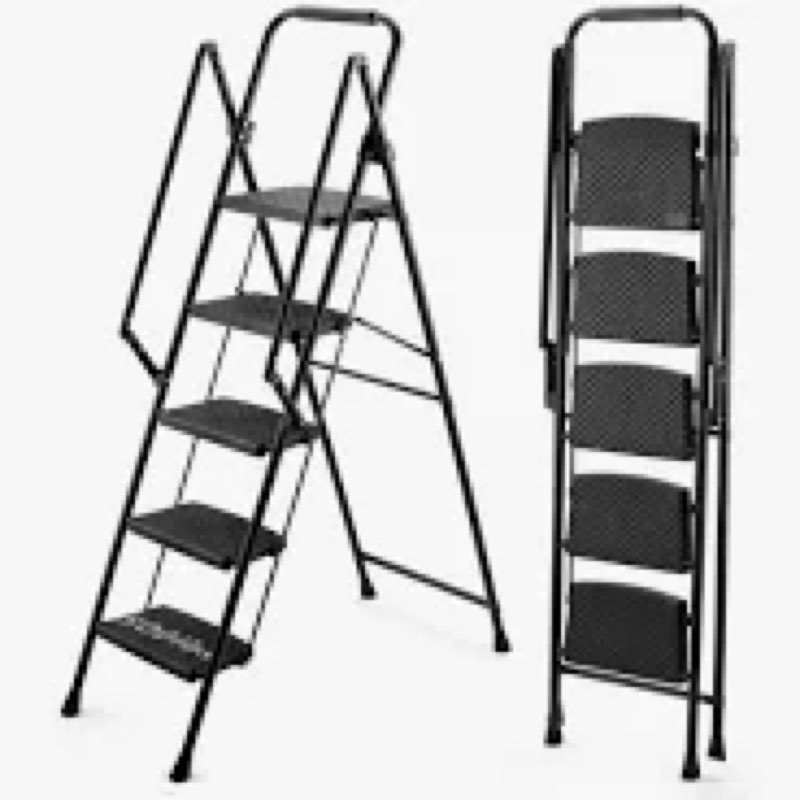 5 Step Ladder, Folding Step Stool with Wide Anti-Slip Pedal & Thick Rubber Feet, Handrail, Safe-Lock