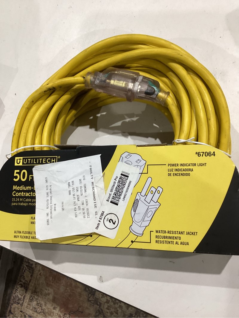 Condition photo showing As Is for utilitech 50-ft 14 / 3 medium duty 3 prong yellow outdoor extension power cord