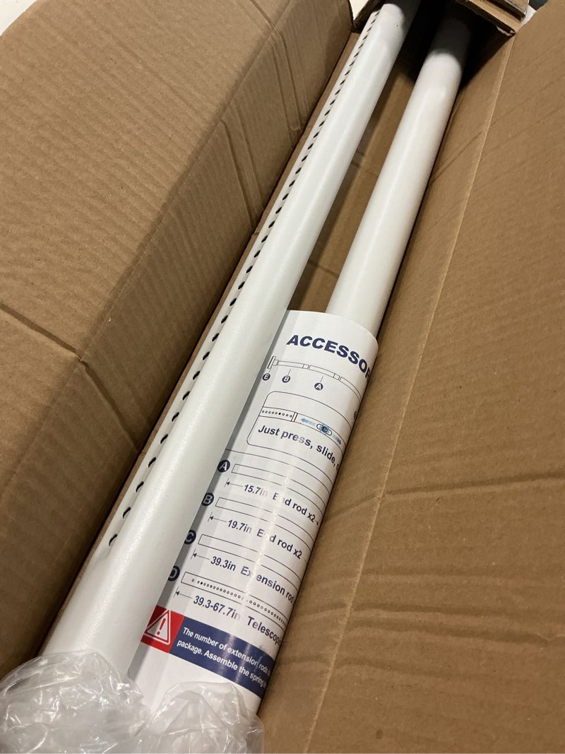 Condition photo showing As Is for heavy duty tension curtain rod no drilling 41-87 inch one-click adjustable | rust-resistant, holds 56 lbs, 1.26" diameter curtain rods for window, doorway, closet, bathroom, laundry room, white white 41-87 inch