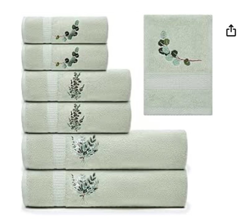 Peryiter 6 Pack Cotton Eucalyptus Bath Towels Set Sage Green Eucalyptus Leaf Towels for Bathroom, So