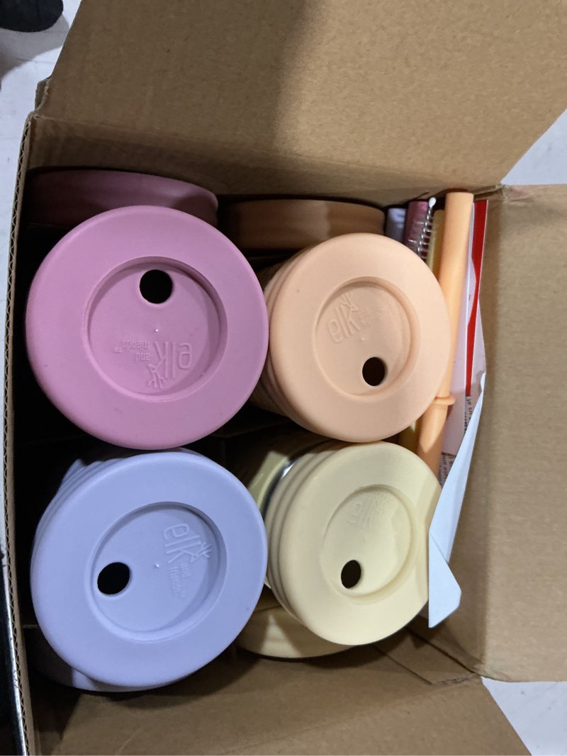 Condition photo showing Good Condition for elk and friends 10oz stainless steel kids + toddler drinking cups | the original mason jar with sleeves + lids | silicone straws | smoothies | storage jar | spill resistant | dishwasher safe | 4 pack blush/lilac/lemon/peach 10oz