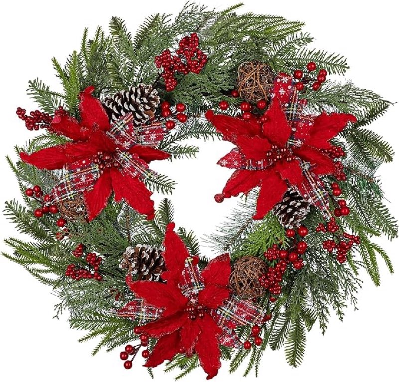 Blue and White Christmas Wreath,24 inch Chinoiserie Wreaths with Bows Berries Pinecone for Front Door Holiday Accent Decoration for Window Fireplace Wall Party Staircase Xmas Decorations